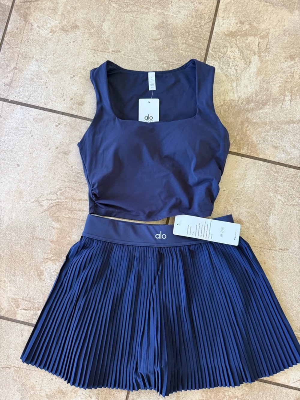 ALO Yoga Navy Blue Pleated Skirt with Matching Crop Top